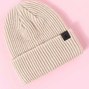 Ribbed Knit Beanie With Snap Button Detail, Beige